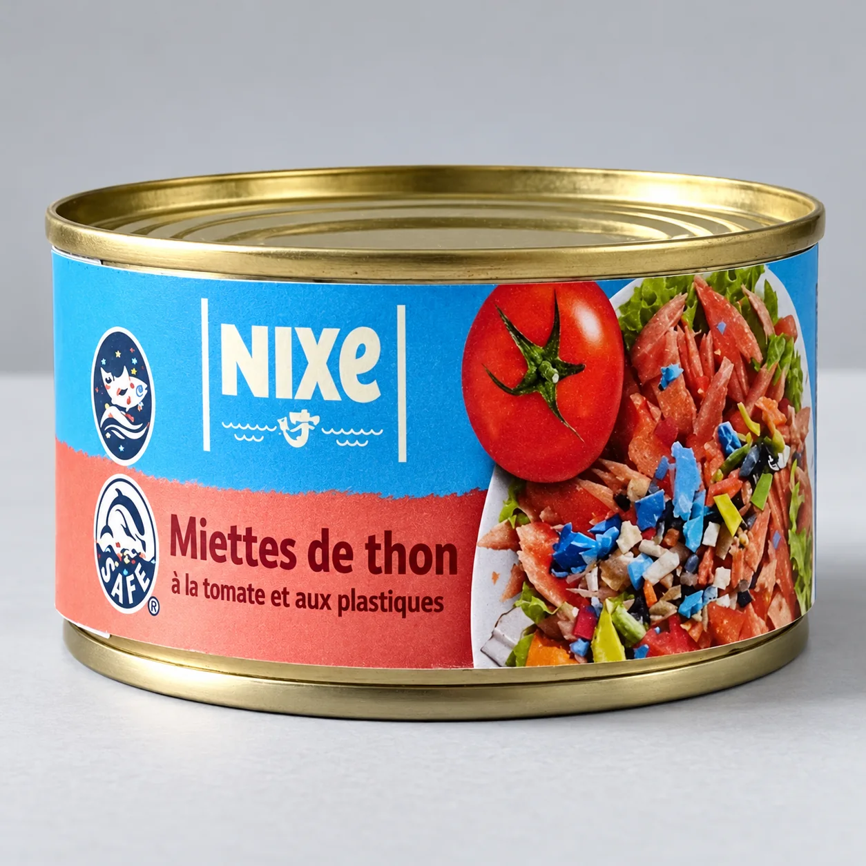 Boîte de conserve détournée avec étiquette de thon et plastiques